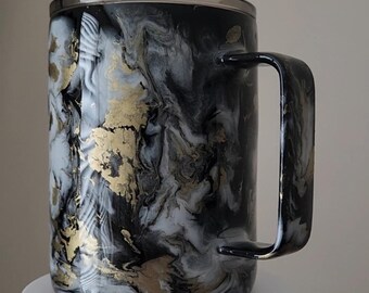 Handcrafted Black Marble Coffee Tumbler with Lid, 10 oz