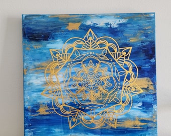 Handmade Blue and Gold Mandala Acrylic Painting, Modern Home Decor