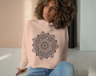 Mandala Crop Hoodie, Relaxed Fit, Yoga Lounge Sweatshirt