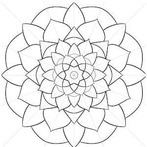 Puede incluir: Diseño de mandala en blanco y negro. El patrón simétrico presenta formas en capas en forma de pétalos que irradian desde un punto central. Líneas finas crean el diseño detallado, con un contorno circular y líneas radiales que se extienden hacia afuera.