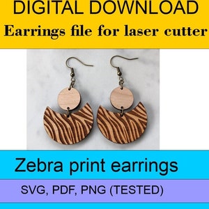 Zebra engraved wooden earrings, SVG Zebra earrings, wooden earrings, wooden earrings for woman, SVG earrings