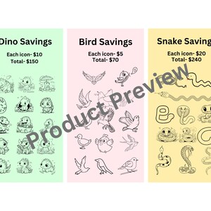 Pode incluir: Três cartões coloridos com ilustrações em preto e branco de dinossauros, pássaros e cobras. Cada cartão tem um título, "Dino Savings", "Bird Savings" e "Snake Savings", e lista o preço por ícone e o preço total.