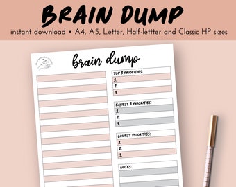 Puede incluir: Planificador de descarga cerebral imprimible con secciones para las prioridades más altas, las más fáciles y las más bajas. El planificador tiene un esquema de color rosa y gris e incluye una sección de notas.