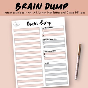 Brain dump printable | US letter, Classic HP, A4, A5 and half-letter | Planner insert | Brainstorm map | Thought organizer | Bujo planner