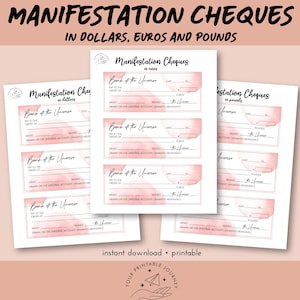 May include: Printable manifestation cheques in dollars, euros, and pounds. The design features a soft pink watercolor wash background. Each cheque includes fields for the date, payee, amount, and memo, with the text "Bank of the Universe."