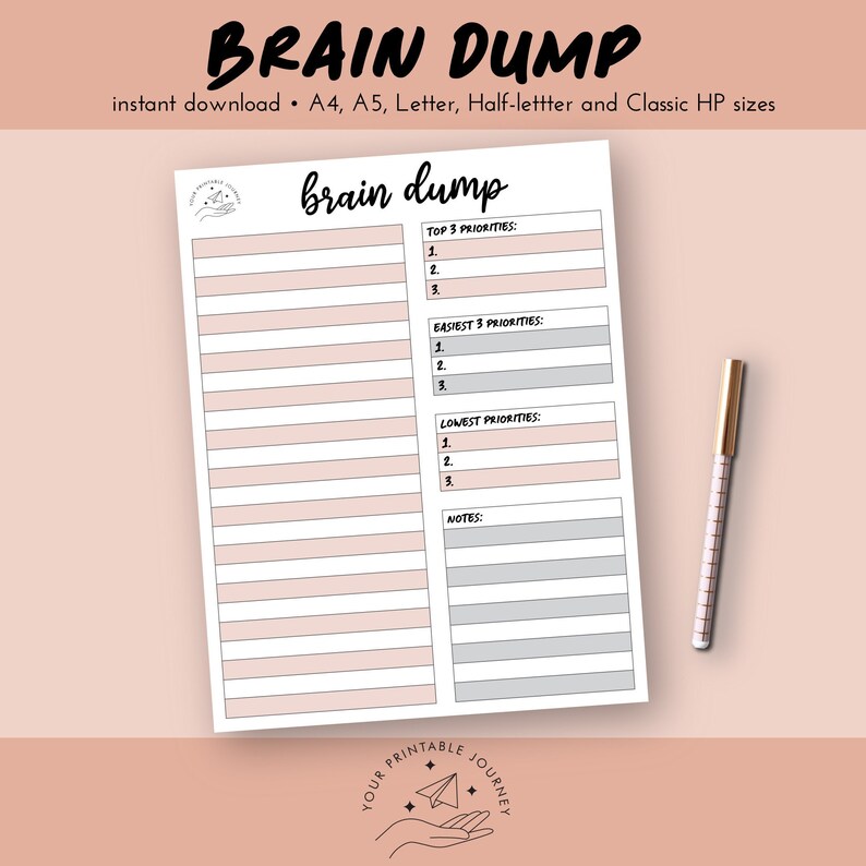 May include: Printable brain dump planner with sections for top, easiest, and lowest priorities. The planner has a pink and gray color scheme and includes a notes section.