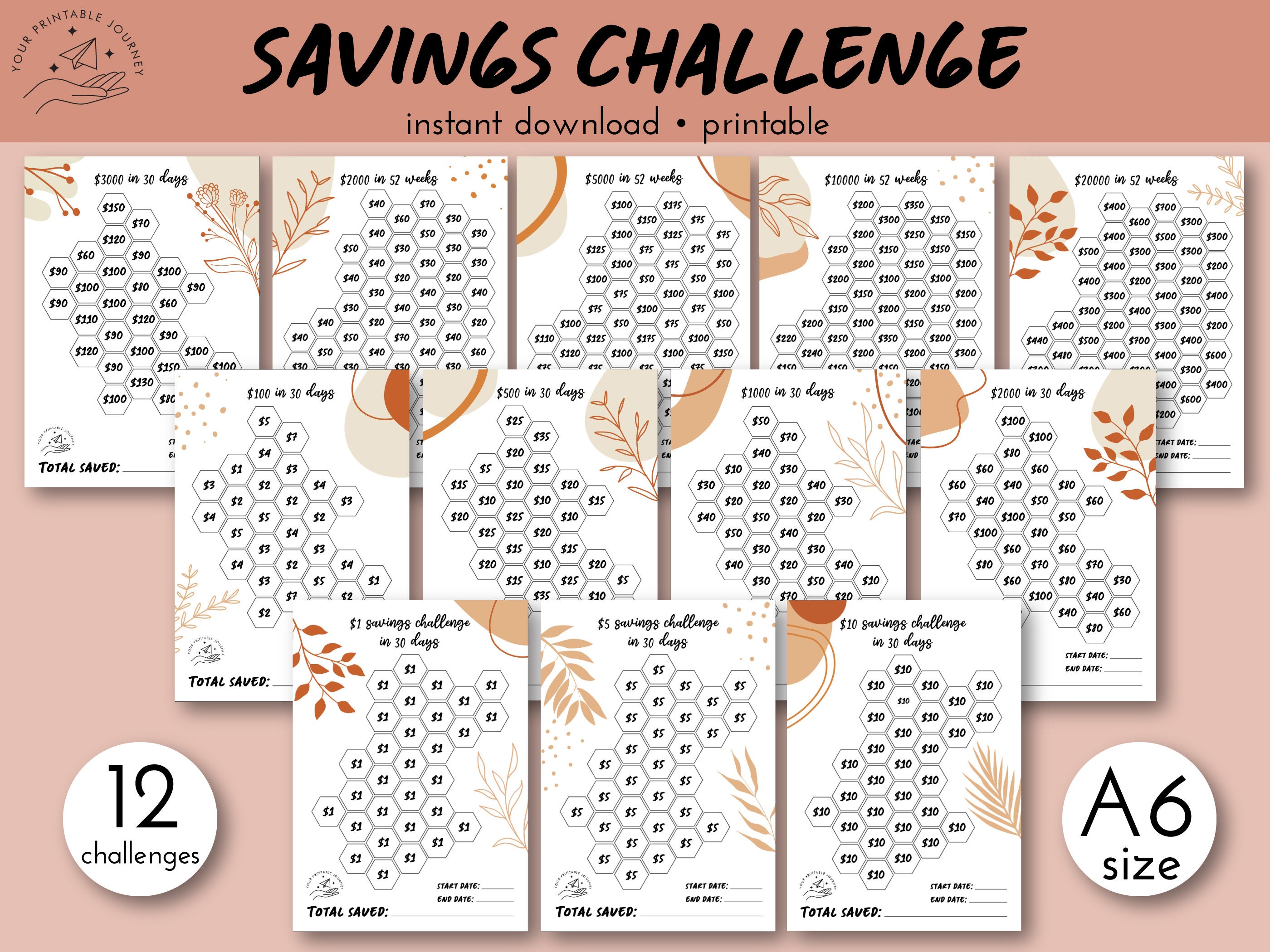 Savings challenge bundle | A6 size | Money challenge | Abundance | Prosperity | Finance planner | Money savings tracker