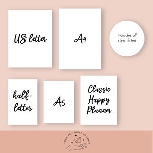 May include: A digital download of printable planner pages in US Letter, A4, A5, and half-letter sizes. The text "Classic Happy Planner" is written in black cursive font.