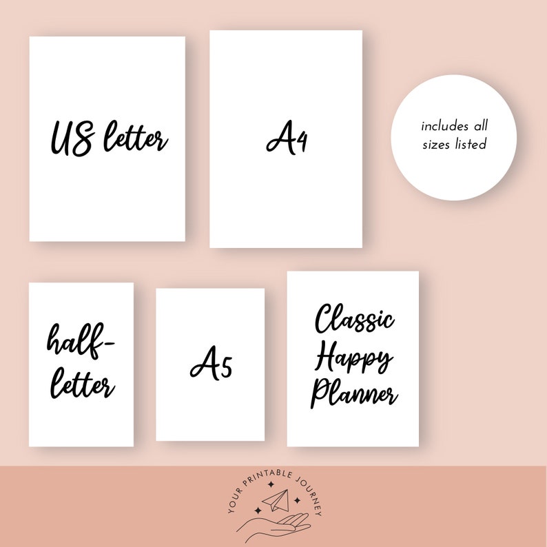 May include: A digital download of printable planner pages in US Letter, A4, A5, and half-letter sizes. The text "Classic Happy Planner" is written in black cursive font.