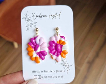 boucles d'oreilles, boucles d'oreilles en pâte polymère, fuschia, orange et rose clair