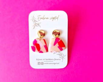 boucles d'oreilles, boucles d'oreilles en argile polymère, fuschia et rouge, made in France, fait main