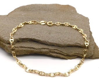 18K Yellow Gold Anchor Link Chain Bracelet - Real Gold - Italian Design - 8.5 Inch Length