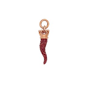 May include: A rose gold charm with a red horn shape, embellished with small red gemstones. The charm has a crown design at the top and a circular loop for attachment. The charm is designed to be used as a pendant or charm.