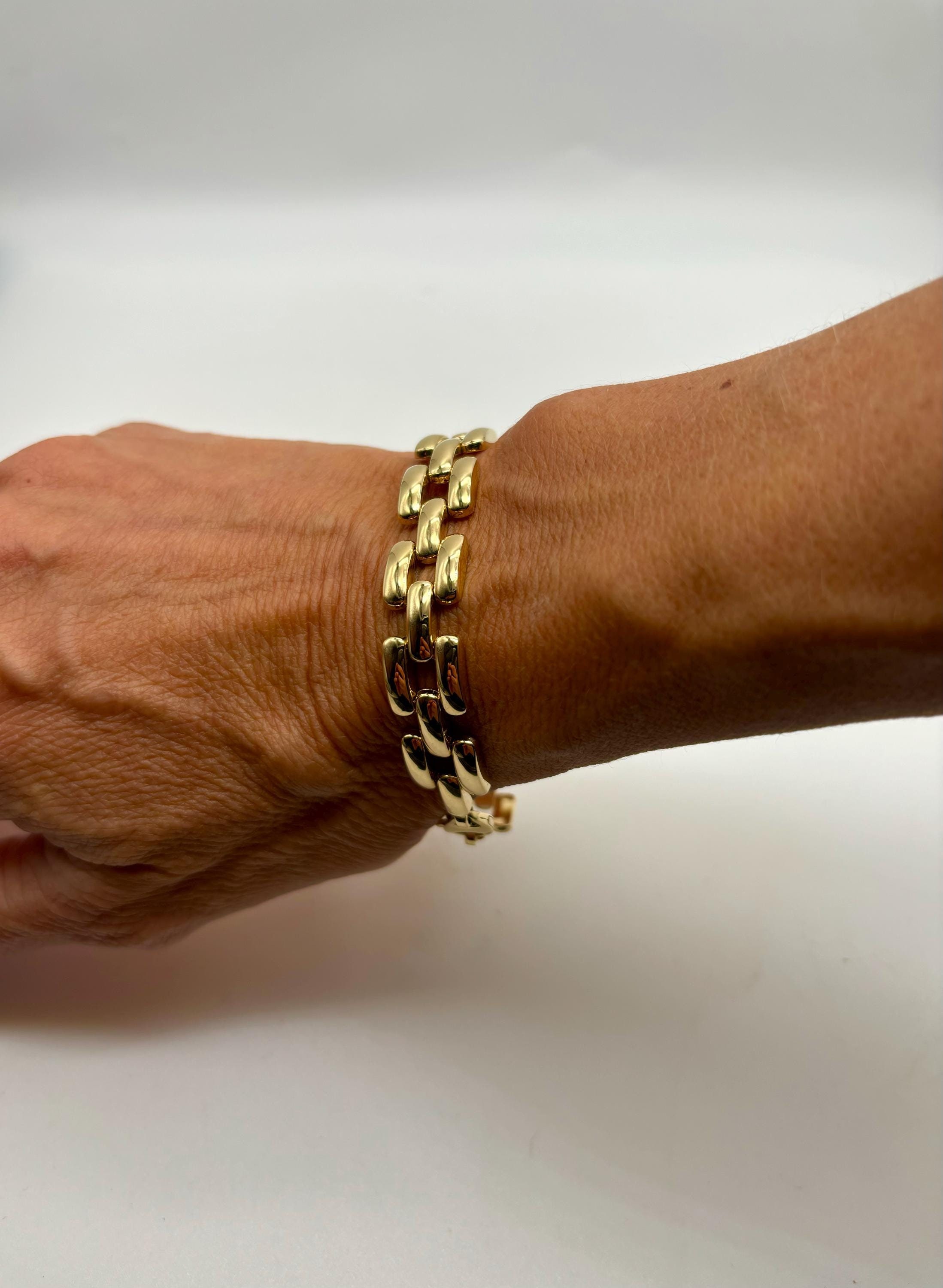 Bracelet Vintage Années 80 - Maille Panther En Or Jaune 18K Massif - Longueur 21 Cm - Fabriqué En Italie