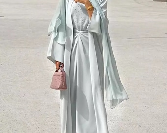 Luxury Sage Mint Embellished Abaya Overcoat Tie Waist Abaya Luxury Dubai Kaftaan Muslim Modest New Spring Muslim Dress Sets Women A Line