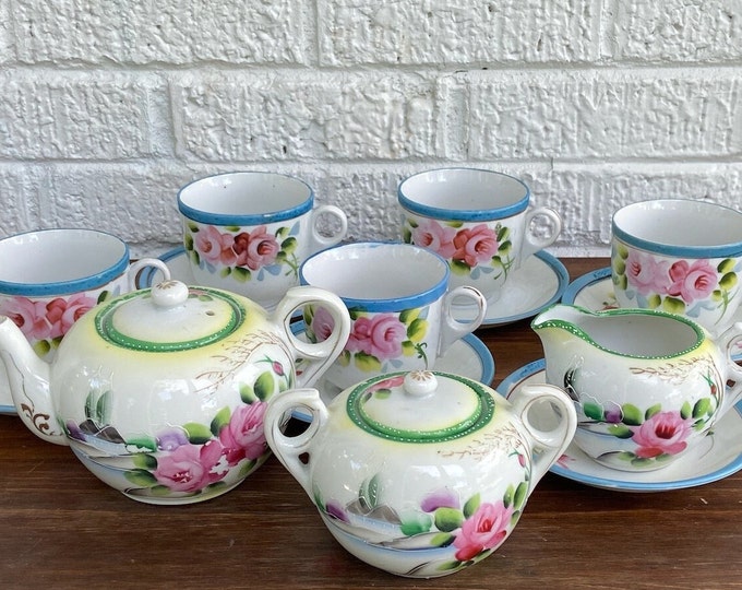 Rare Vintage Complete Takito Floral Tea Set, Roses and Tree Painted Tea Set, Green and Blue Tea Set, Japanese Tea Set