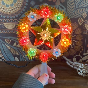 Vintage Mid Century Style Blinking Christmas Tree Topper with Gold Tinsel Outline and Multi Colored Blinking Lights, Gold Star Center