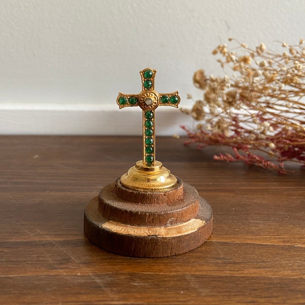 Vintage Stanhope Holy Miracle Cross Lord's Prayer France, Green Gem Rhinestone Cross, Small Bedside Table Window Cross, Green Gold Wooden