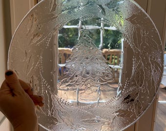 Vintage Arcoroc helder geëtst glas "Holly Tree" winterkerst serveerschaal, dienblad voor vakantiedesserts