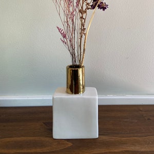 Vintage Small White and Gold Square Vase, Vintage Pier 1 Vase, Geometric Vase, Bud Vase, Boxey Decor