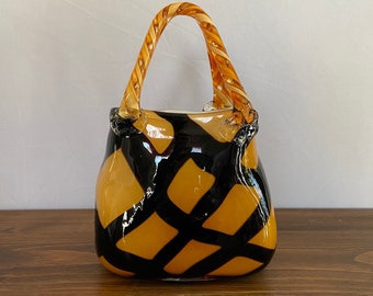 Vintage Murano Art Deco Glass Designer Purse, Orange and Black Striped Glass Handbag, Handblown Vase Purse, Fashionista Gift, Maximalist