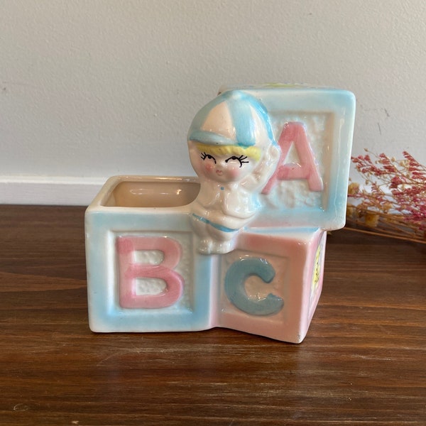 Vintage Small Pink Yellow Blue Musical ABC Building Blocks Planter, Ceramic Alphabet Letters, Kitschy Pastel Nursery Decor, MCM Baby