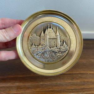 Vintage Miniature Souvenir Plate, Thun SIGG Switzerland Gold Colored Metal Plate Saucer Castle Scene, Shallow Brass Ashtray, Gift For Him