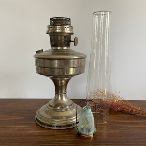 Vintage 1930 Aladdin Lamp, Model 12, Antique Kerosene Lamp with Chimney and New in Box Mantle, Nickle Plated, Base Plate Not Included