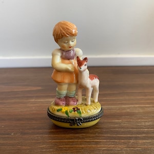 Vintage Hinged Trinket Ring Box with Little Girl and Fawn, Gift for Little Girl, Granddaughter Gift, Hummel Style Figurine, Pill Box