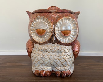 Large Vintage Double Sided Faced Owl Cookie Jar, Oversized Cookie Jar, Woodland Ceramic Owl Jar Container Canister, Unique Retro Cookie Jar