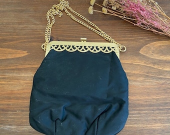 Porte-monnaie cocktail de soirée avec chaîne noire et dorée, accessoire de sac à main de mariage, pochette chic portefeuille à bandoulière, noir et laiton, années 80/90