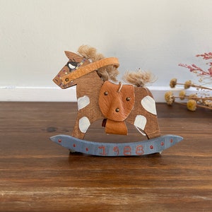 Vintage Wooden Rocking Horse Ornament with Leather and Burlap Mane, Retro Kid&#39;s Ornament, Hand Painted 1988, Christmas Tree Decor, Baby Gift