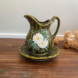 Vintage Small Avocado Green Pitcher and Basin Bowl, Enesco Japan Floral Pitcher and Saucer Set,  Bamboo and White Daises Spring Table