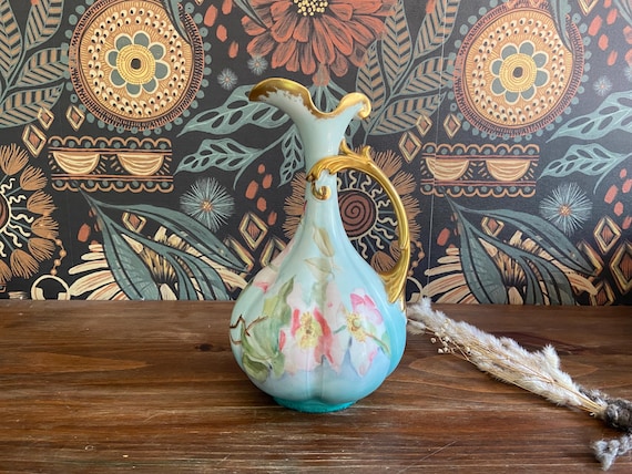 Vintage Hand Painted Blue Ewer Gold Gilt Scrolling Handle and
