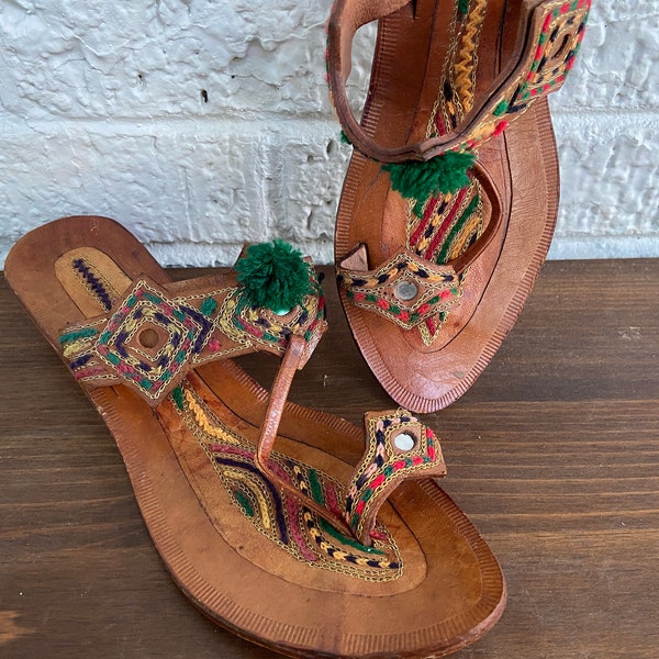 Vintage Moroccan Shoes Size 6, Boho Embroidered Embellished Shoes, Colorful Sandals, Women's Leather Wedge Heel Sandals