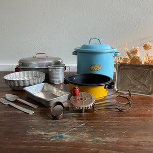 Vintage Lot of Metal Tin Toy Kitchen Cooking Playset Toys, Pretend Imaginative Play, Retro Miniature Metal Toy Dishes and Bakeware