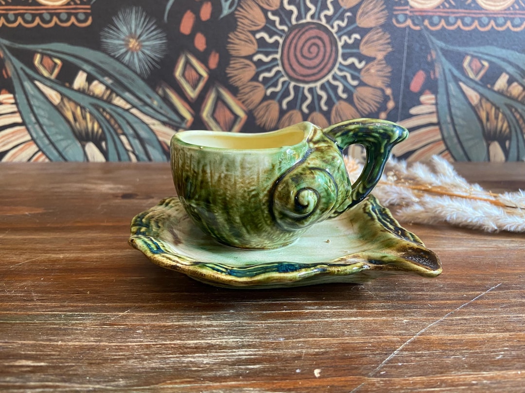 Tea Shell Vintage Conch Shell Tea Cup and Saucer, Green Glazed Tea Cup, Boho ...