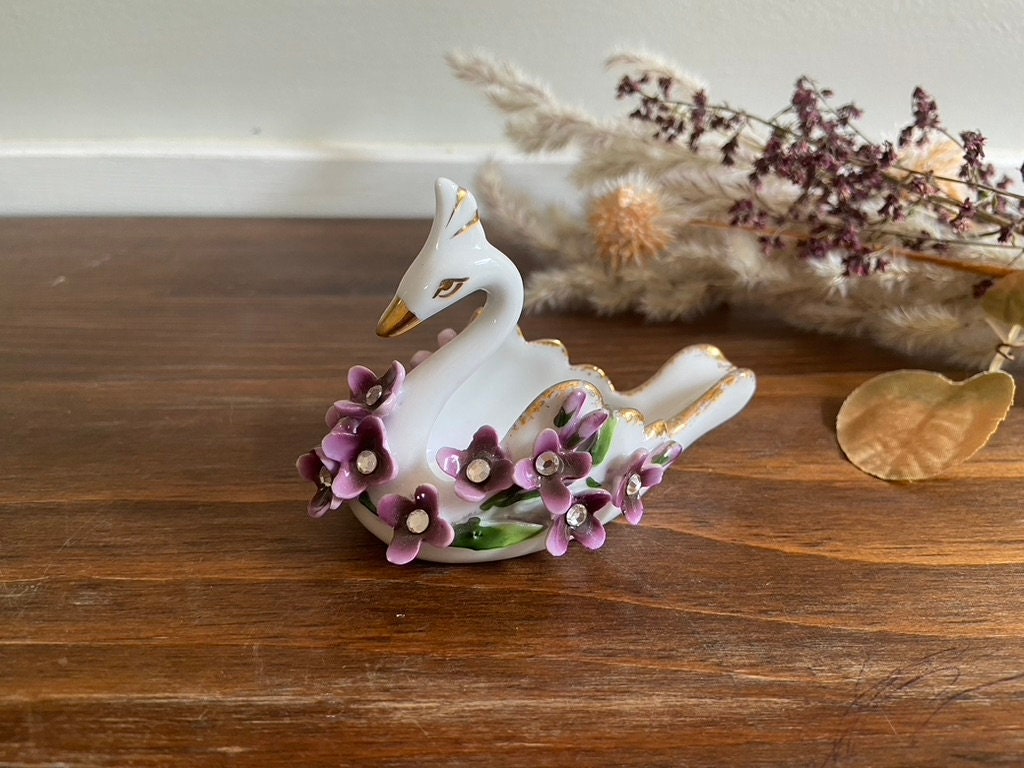 Vintage Lefton Swan Ring Trinket Dish With Purple Rhinestone