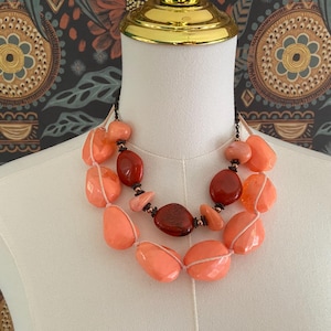 Vintage Coral and Quartz Chunky Statement Necklaces, Stacking Necklaces, Sold Separately, Stone and Marbled Acrylic Adjustable Formal Attire