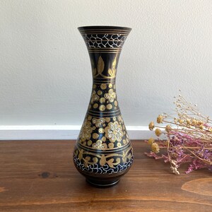 Vintage Etched Brass, Black and White Enamel Vase, Small Bohemian Vase, Brass Etched Floral Vase, Made in India