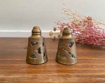 Vintage Brass Floral Cutout Salt and Pepper Shakers, Brass and Glass Shakers, Mid Century Kitchen Table Staples, Made in Mexico