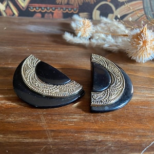 Vintage Black and Silver Colored Half Moon Plastic Clip On Earrings, Oversized Chunky Retro Geometric Earrings, Statement Earrings