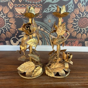 Vintage Hollywood Regency Italian Gilt Gold Tone Metal Delicate Rose and Leaves Pair of Candlestick Candle Holders, Tabletop Sculptures