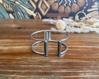 Kendra Scott "Gavin" Hinged Cuff Bracelet, Silver and Grey Stone Minimalist Jewelry, Size Inclusive Trendy Wrist Cuff