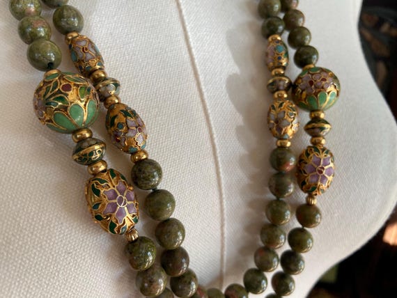 Vintage Chinese Cloisonné Bead Necklace Multicolored Hand Knotted Green Unakite, Gold Plated Silver, Long Green Gold Purple Maroon Jewelry