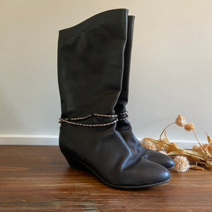 Vintage Sudini Women&#39;s Leather Boots with Silver Beading, Made in Italy, Motorcycle Riding Boots, Size 8 W and 13&quot; High