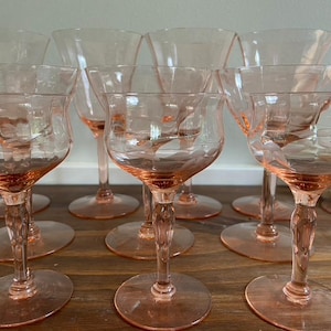 Vintage Blush Pink Floral Etched Depression Glasses, Stemmed Champagne Coupe Optic Panel, Wine Cordial Sherry Vodka Martini Water Glasses