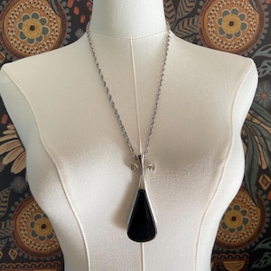 Vintage Avon Long Black and Silver Tear Drop Pendant Sweater Necklace, Elegant Gothic Slip On Necklace
