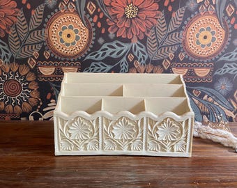 Vintage Lerner Beige Creamy White Painted Plastic Letter Holder, Desk Organizer, Mid Century Office Desk Decor, Floral Stationary Pen Holder