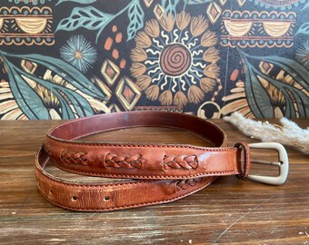British Tan Belt with 1970s Gold Butterfly Buckle- solid brass. Handmade. Vintage 1970s Butterfly Leather Belt: Solid Brass Buckle  main image 3